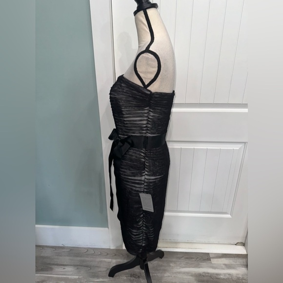 Tadashi Shoji Black/White Pleated Layered Mesh strapless tie waist dress size 8 - Picture 8 of 12